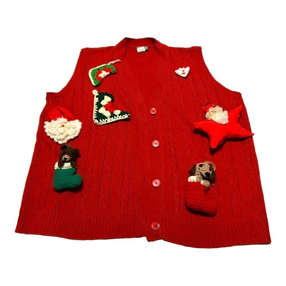 Ugly Christmas Sweater Vest Sara Morgan Vintage Knit Santa Stockings 3D Crochet